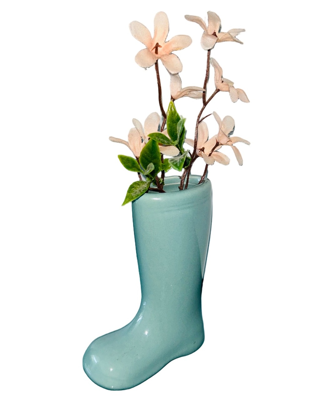Small Shoe Rain boot planter mini flower vase collectible Aqua green ceramic